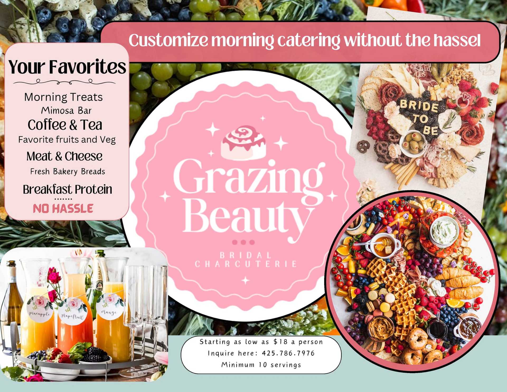 Morning catering for bridal parties with mimosa bar, coffee, tea, fruits, pastries, and more.