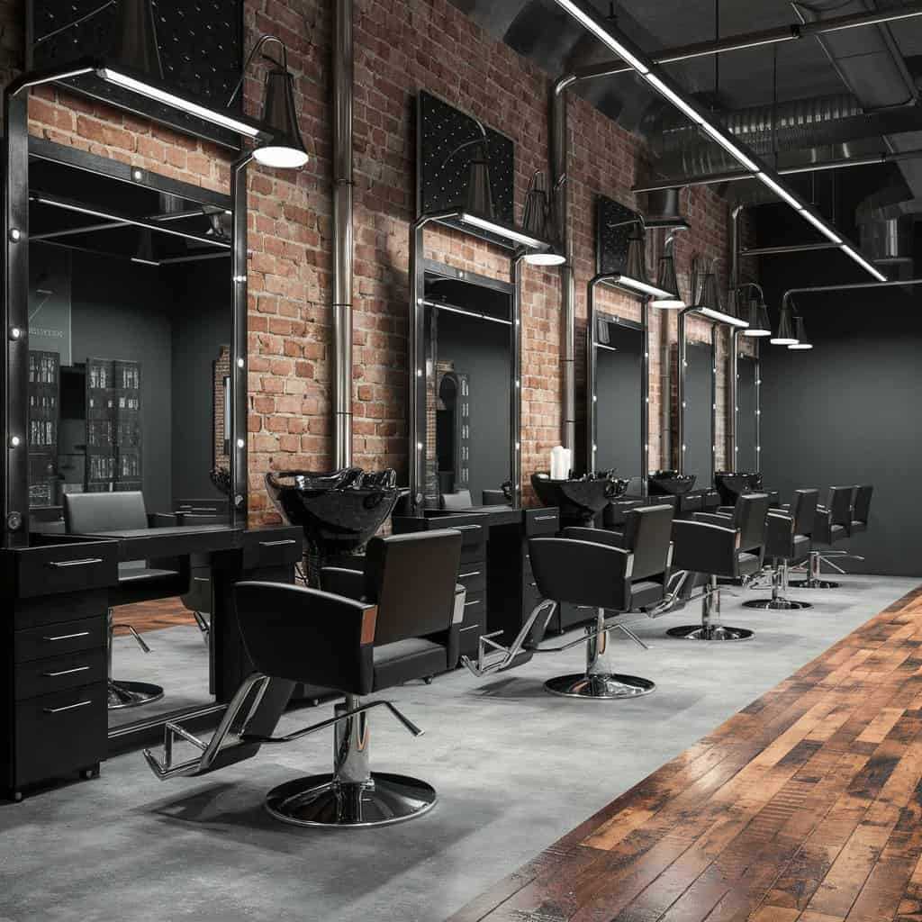 Modern hair salon with brick walls, sleek black styling chairs, and large mirrors.