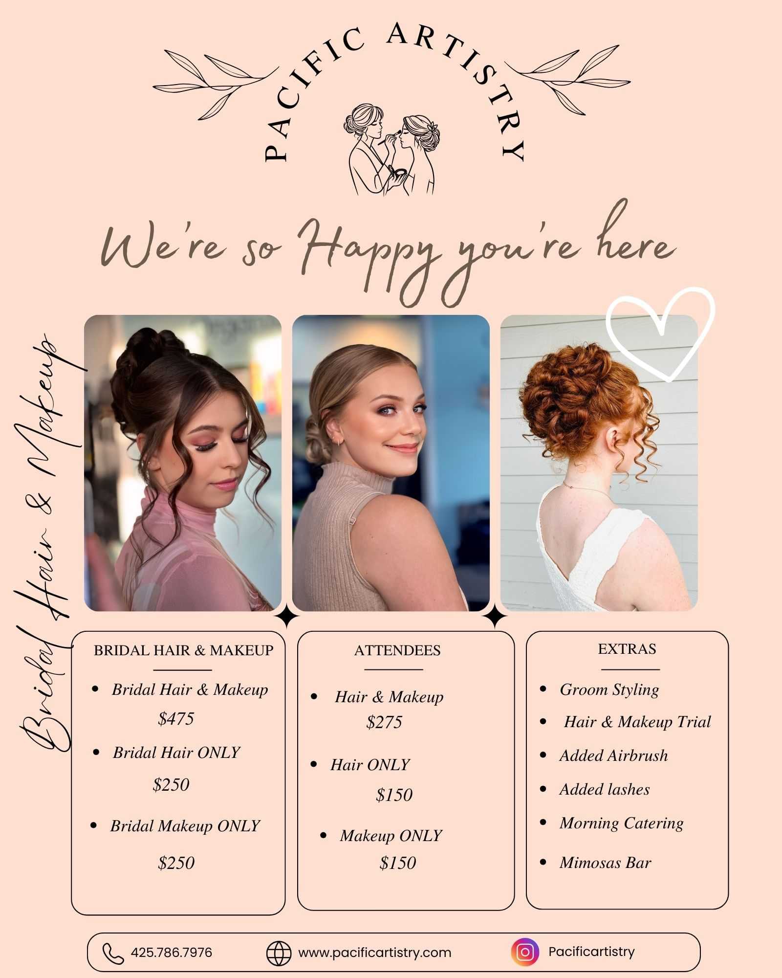 Bridal and event hair/makeup services with pricing; includes extras like lashes and mimosas.
