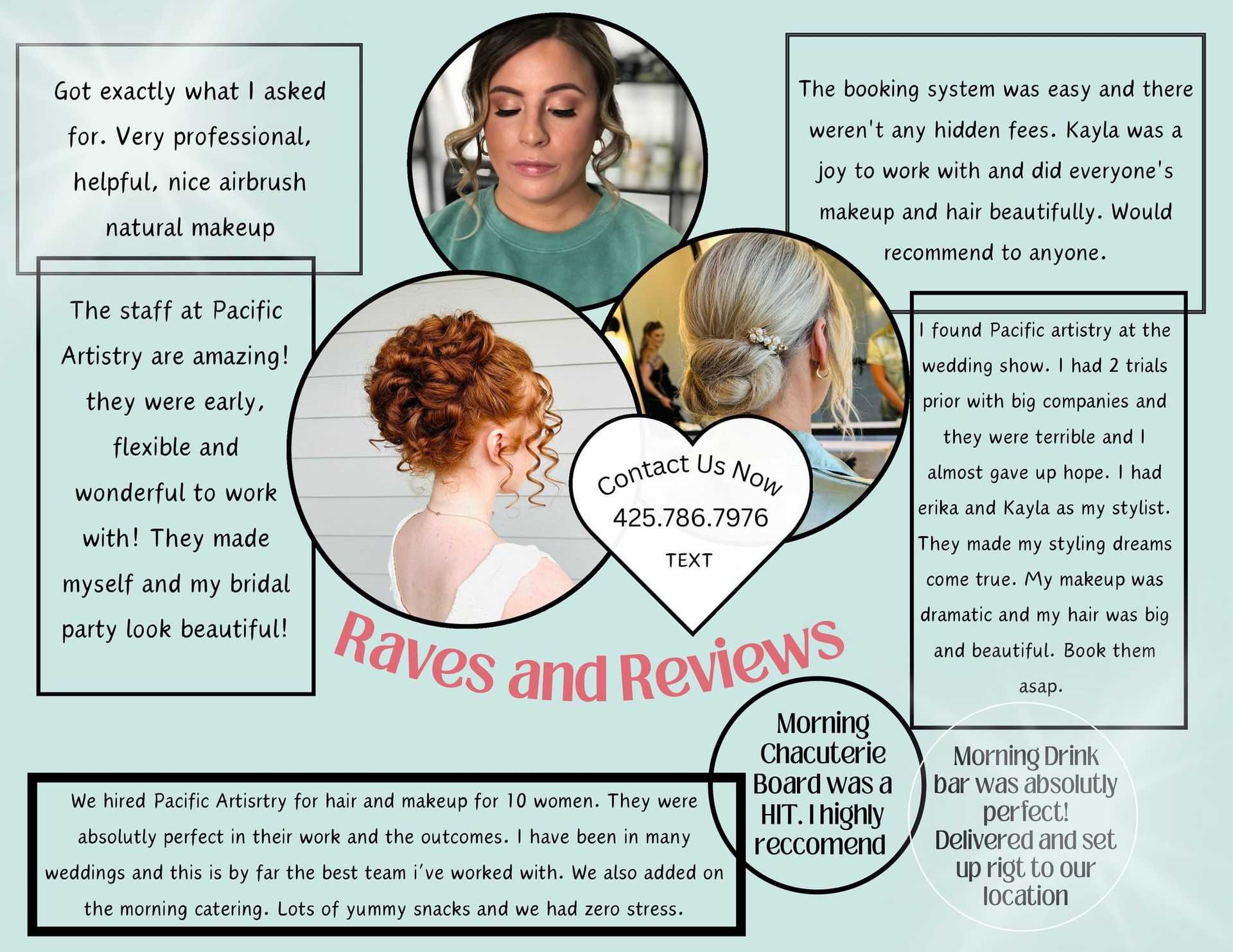 Collage of client testimonials praising Pacific Artistry's hair and makeup services, with contact info.
